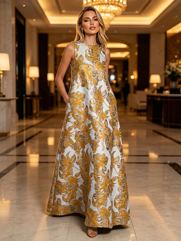 Jacquard A-Line Crew Neck Floral Formal Dresses