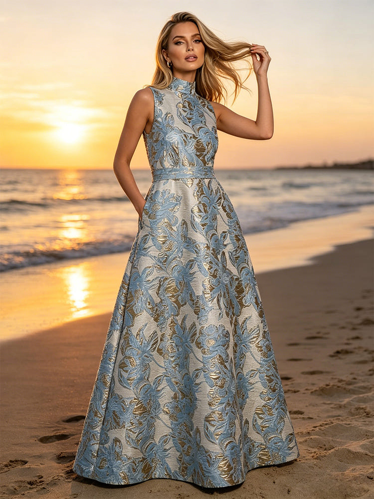 Jacquard A-Line High Neck Floral Formal Dresses