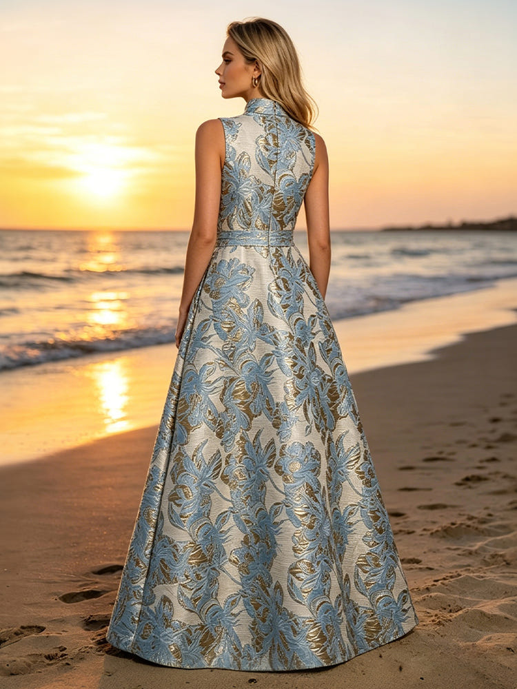 Jacquard A-Line High Neck Floral Formal Dresses