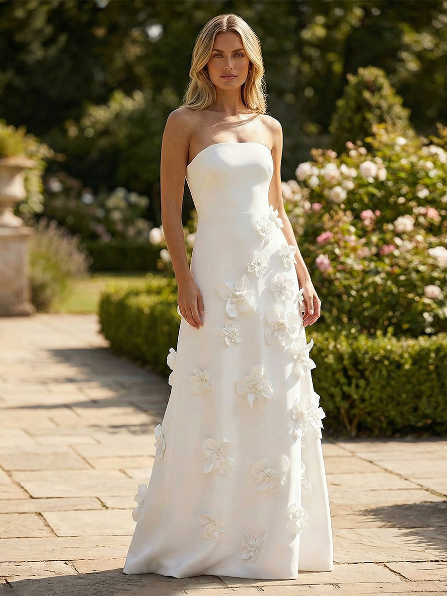 Satin A-Line Strapless 3D Flowers Formal Dresses