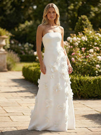 Satin A-Line Strapless 3D Flowers Formal Dresses