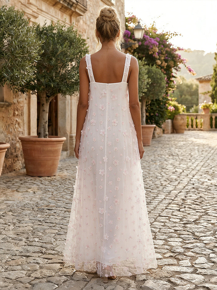 Tulle A-Line Square Neck 3D Flowers Formal Dresses
