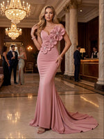 Satin Mermaid Off the Shoulder 3D Flowers Evening Dresses