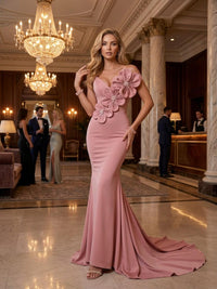 Satin Mermaid Off the Shoulder 3D Flowers Formal Dresses