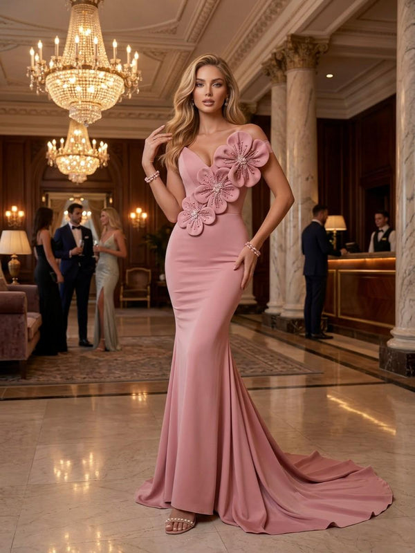 Satin Mermaid Off the Shoulder 3D Flowers Formal Dresses