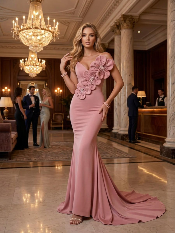 Satin Mermaid Off the Shoulder 3D Flowers Formal Dresses