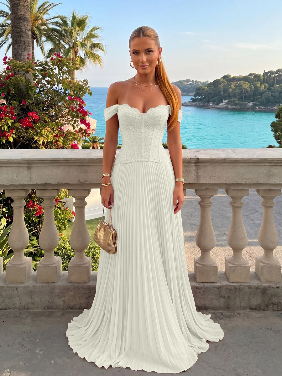 Chiffon Off the Shoulder Lace Appliques A Line Formal Dresses