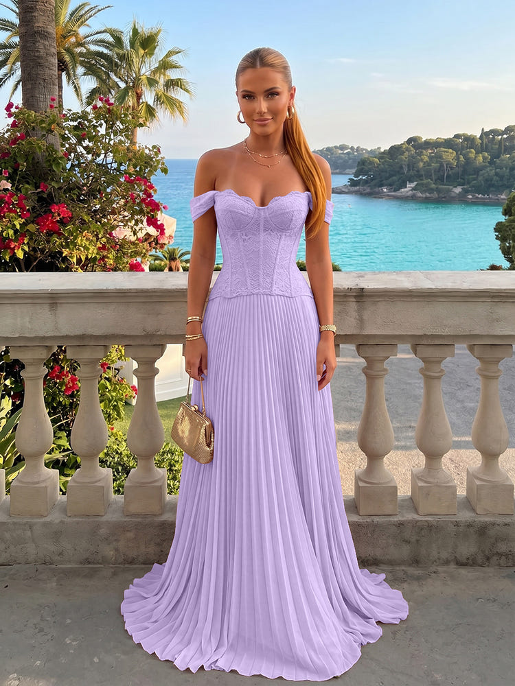 Chiffon Off the Shoulder Lace Appliques A Line Formal Dresses