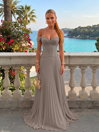 Chiffon Off the Shoulder Lace Appliques A Line Formal Dresses