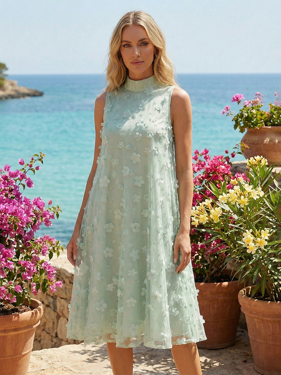 Tulle A-Line High Neck 3D Flowers Formal Dresses