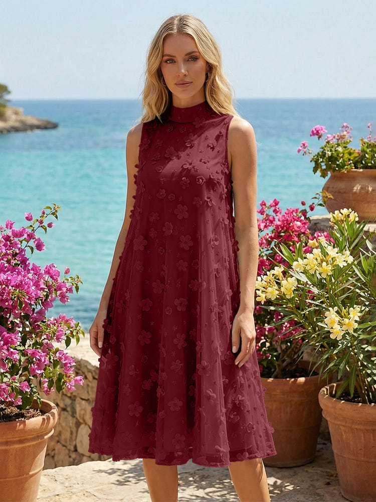 Tulle A-Line High Neck 3D Flowers Cocktail Tent/ Trapeze Dresses