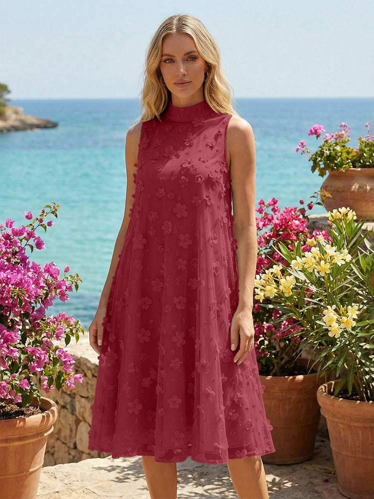Tulle A-Line High Neck 3D Flowers Cocktail Tent/ Trapeze Dresses