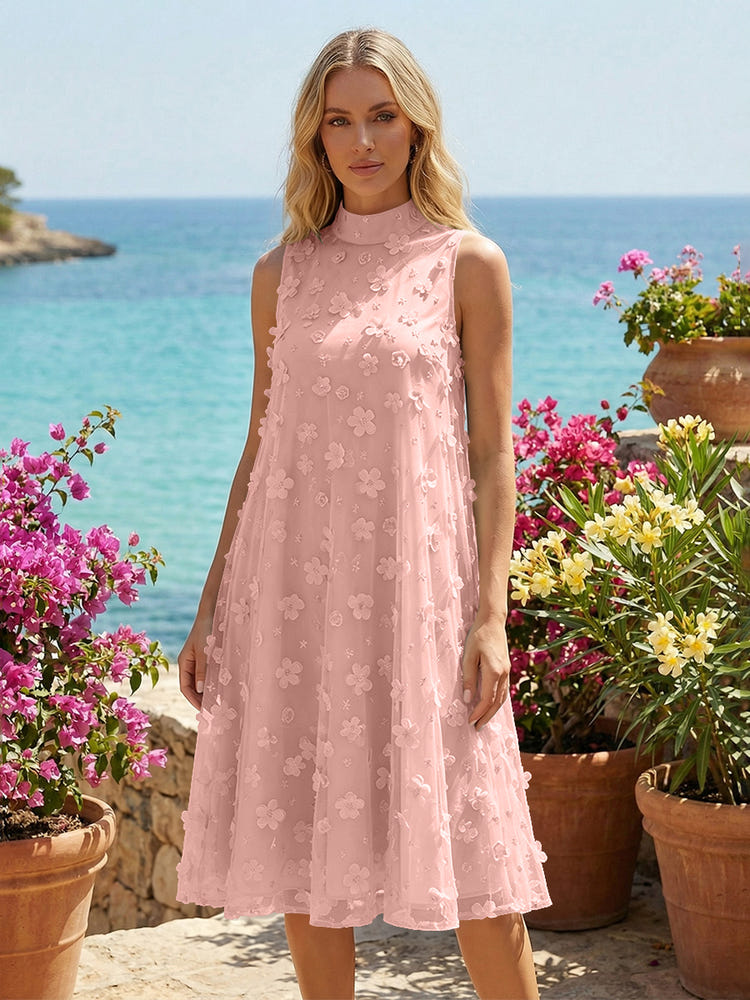 Tulle A-Line High Neck 3D Flowers Cocktail Tent/ Trapeze Dresses