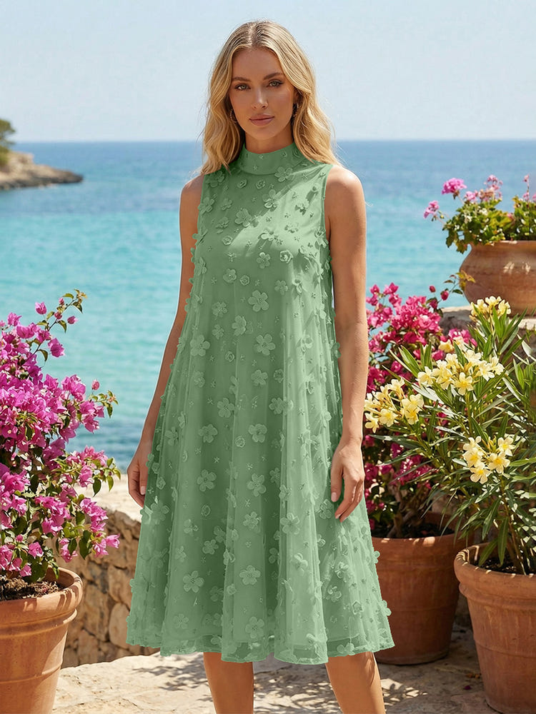 Tulle A-Line High Neck 3D Flowers Cocktail Tent/ Trapeze Dresses