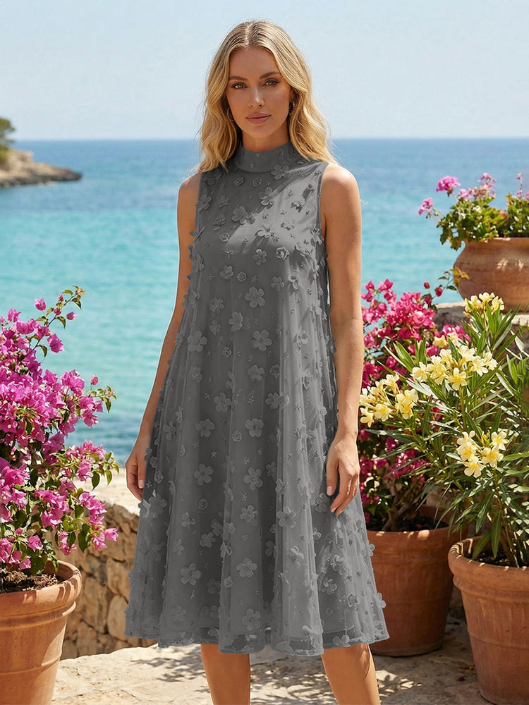 Tulle A-Line High Neck 3D Flowers Cocktail Tent/ Trapeze Dresses