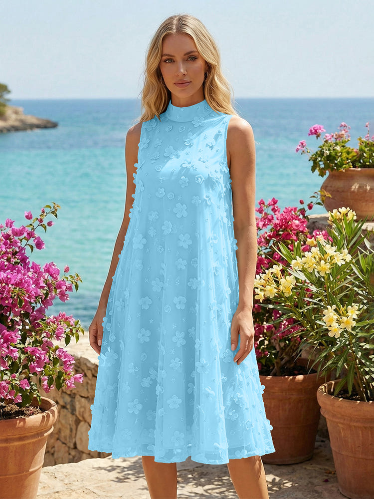 Tulle A-Line High Neck 3D Flowers Cocktail Tent/ Trapeze Dresses