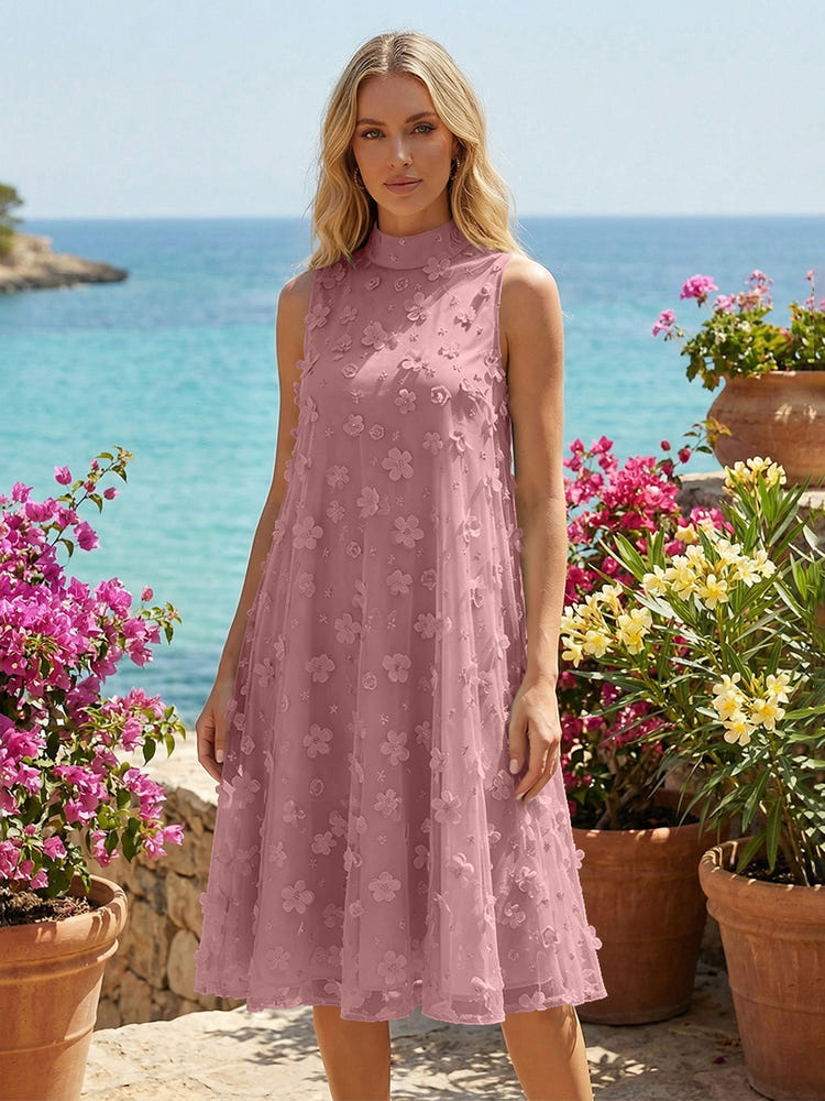 Tulle A-Line High Neck 3D Flowers Cocktail Tent/ Trapeze Dresses