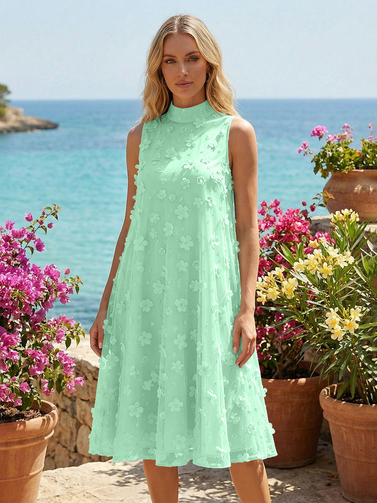 Tulle A-Line High Neck 3D Flowers Cocktail Tent/ Trapeze Dresses