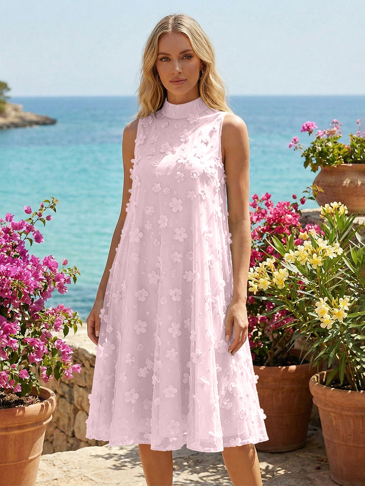 Tulle A-Line High Neck 3D Flowers Cocktail Tent/ Trapeze Dresses