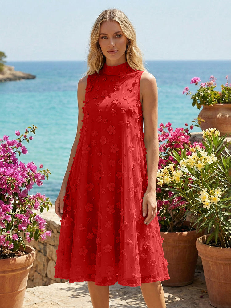 Tulle A-Line High Neck 3D Flowers Cocktail Tent/ Trapeze Dresses