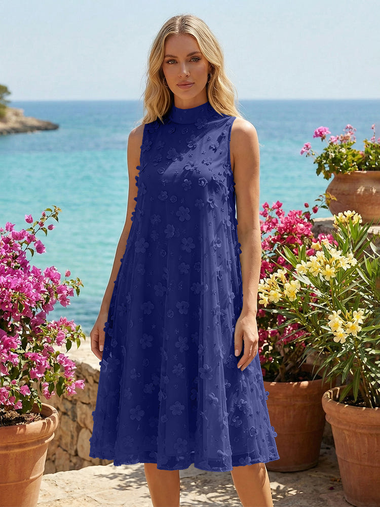 Tulle A-Line High Neck 3D Flowers Cocktail Tent/ Trapeze Dresses