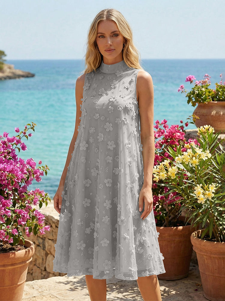 Tulle A-Line High Neck 3D Flowers Cocktail Tent/ Trapeze Dresses