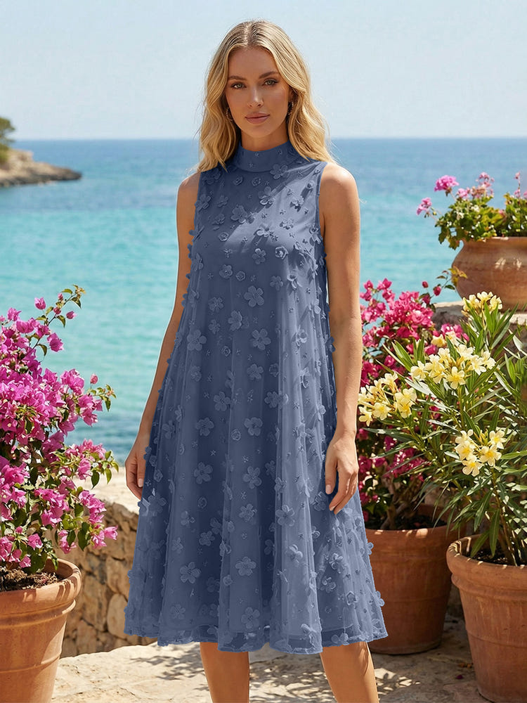 Tulle A-Line High Neck 3D Flowers Cocktail Tent/ Trapeze Dresses