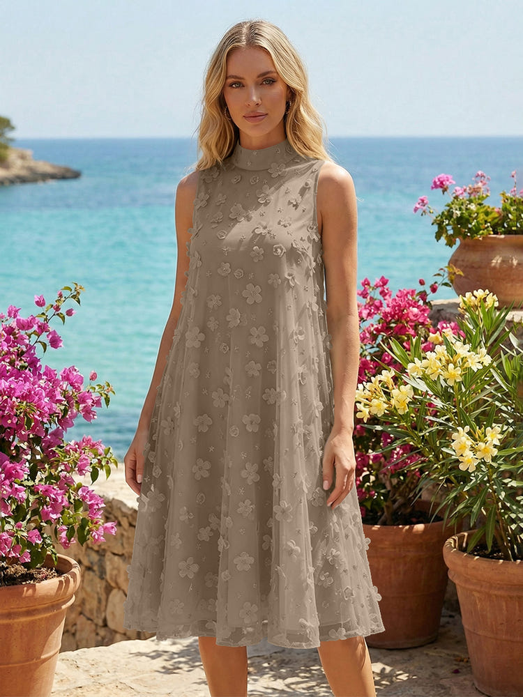 Tulle A-Line High Neck 3D Flowers Cocktail Tent/ Trapeze Dresses