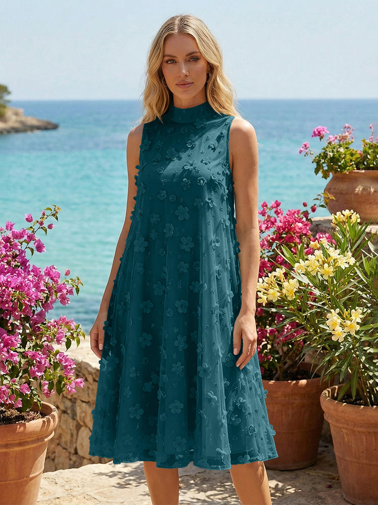 Tulle A-Line High Neck 3D Flowers Cocktail Tent/ Trapeze Dresses