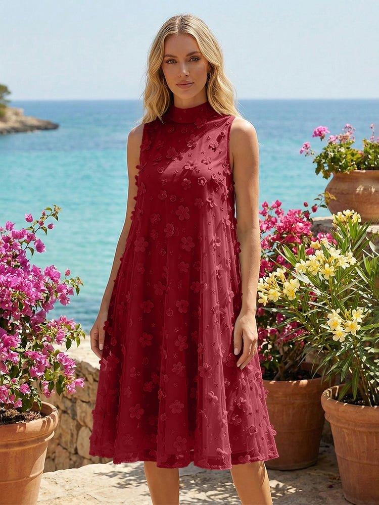 Tulle A-Line High Neck 3D Flowers Cocktail Tent/ Trapeze Dresses
