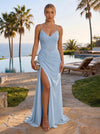 Elastic Mesh Sheath Spaghetti Straps Formal Dresses with Side Slit