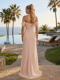 Elastic Mesh Sheath Off the Shoulder Formal Dresses with Side Slit