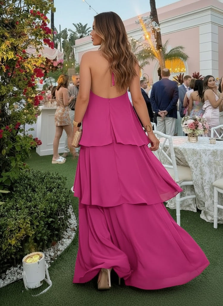 Chiffon A-Line Halter Tiered Formal Dresses