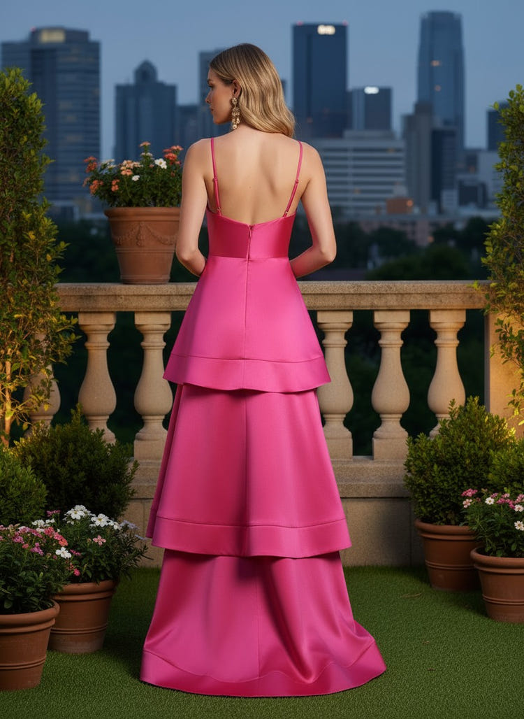 A-Line Satin V Neck Tiered Formal Dresses