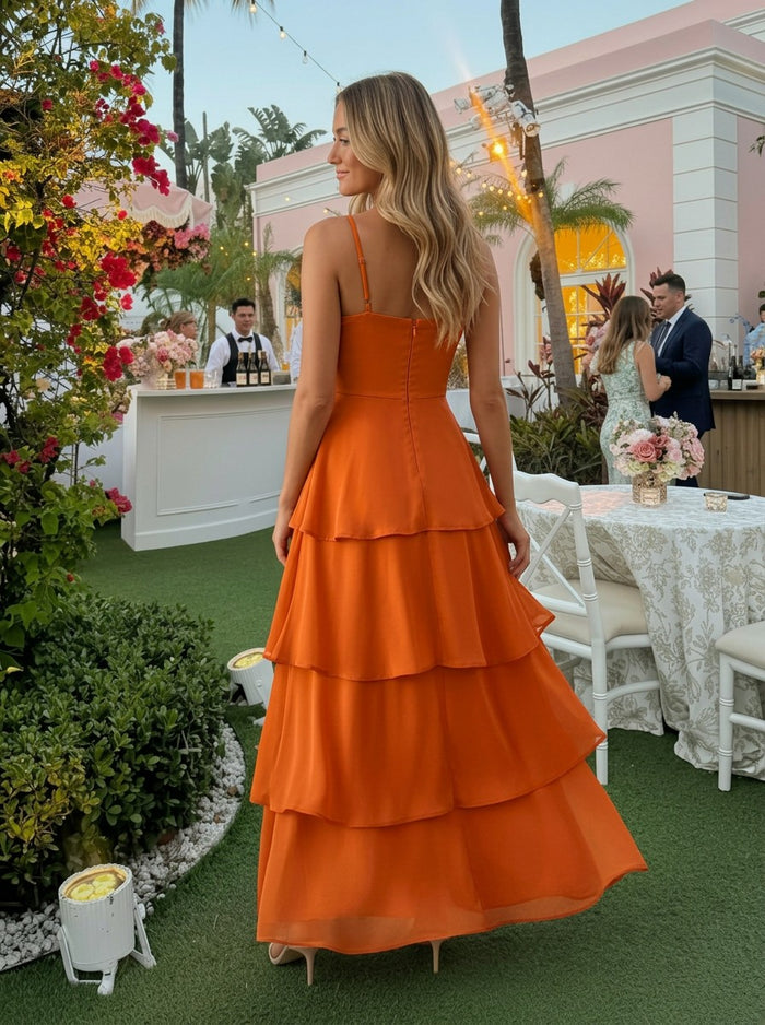 A-Line Chiffon Spaghetti Straps Tiered Formal Dresses