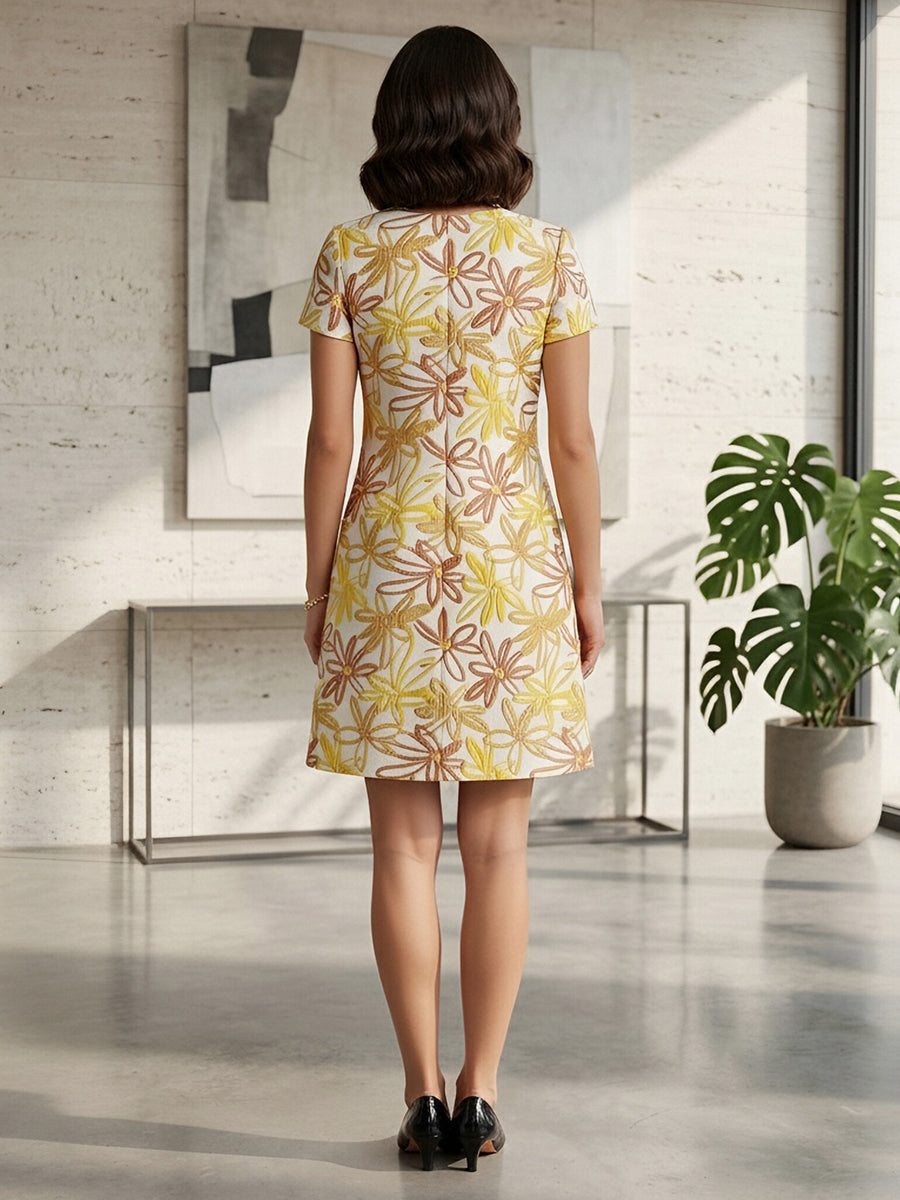 Jacquard A-Line Crew Neck Floral Formal Dresses