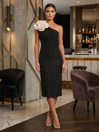 Sequin Sheath One Shoulder 3D Flowers Formal Dresses