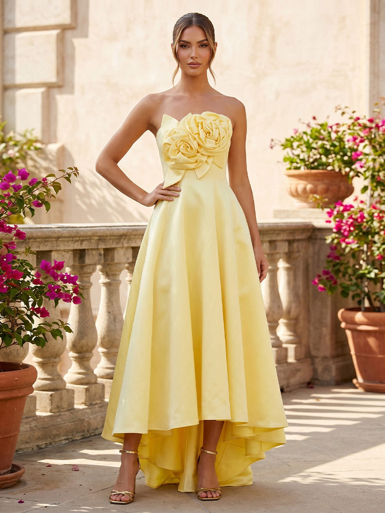 Satin A-Line Strapless Hi Low 3D Flowers Formal Dresses