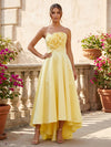 Satin A-Line Strapless Hi Low 3D Flowers Formal Dresses