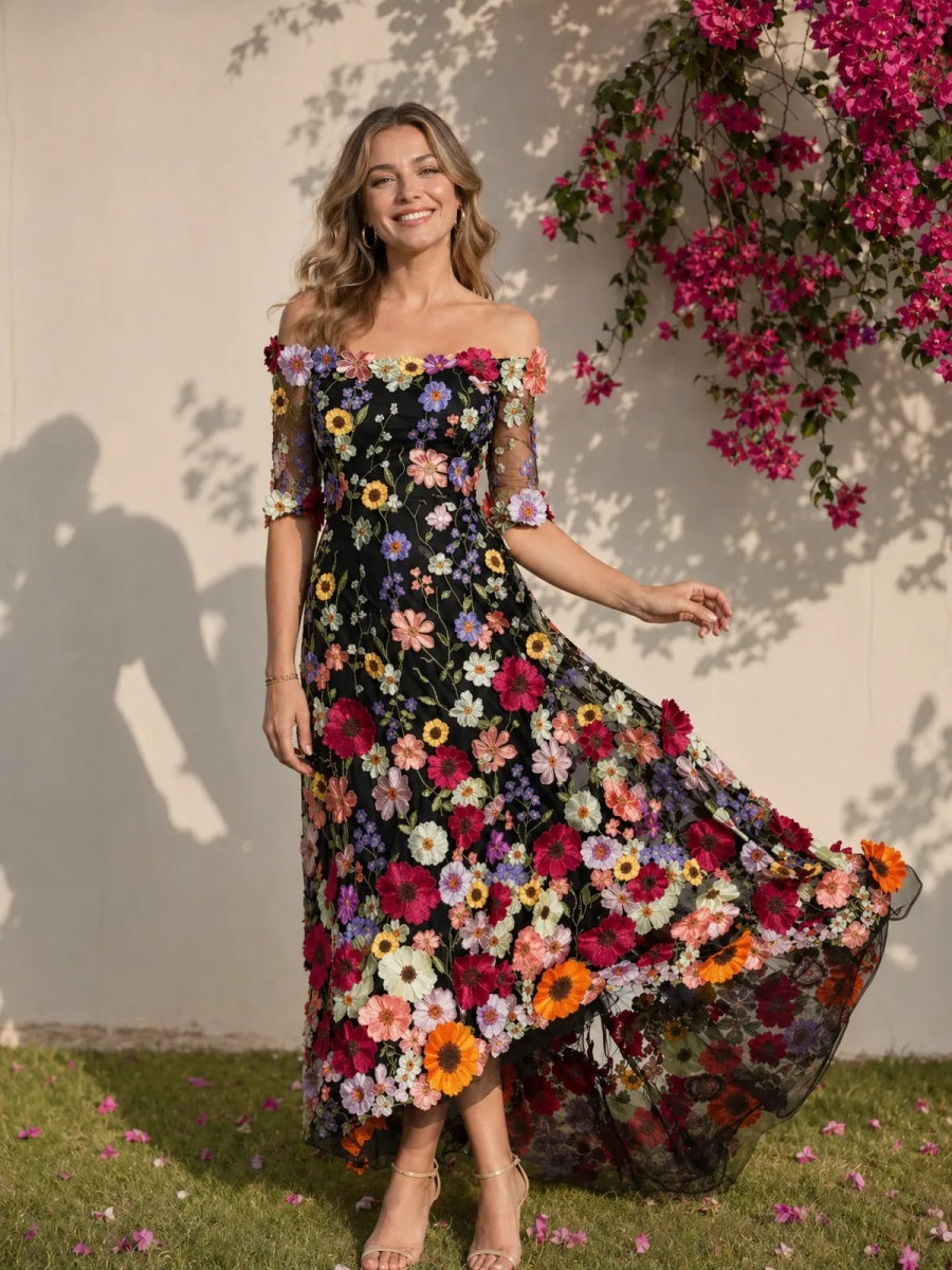 Tulle High Low Off the Shoulder 3D Flowers Formal Dresses