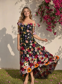 Tulle High Low Off the Shoulder 3D Flowers Formal Dresses