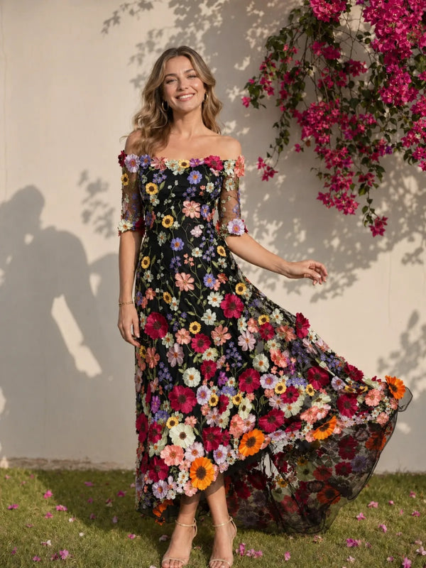 Tulle High Low Off the Shoulder 3D Flowers Formal Dresses
