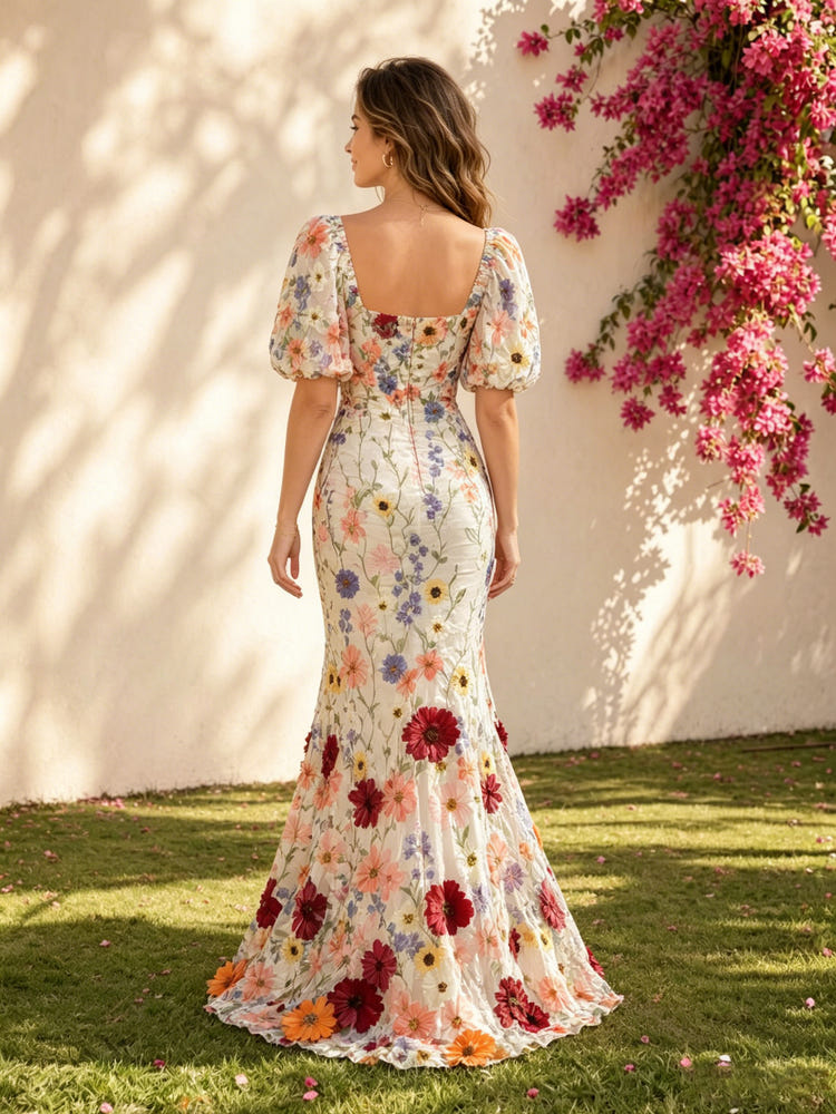 Chiffon Mermaid Square Neck 3D Flowers Formal Dresses