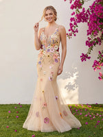 Tulle Mermaid Spaghetti Straps 3D Flowers Formal Dresses