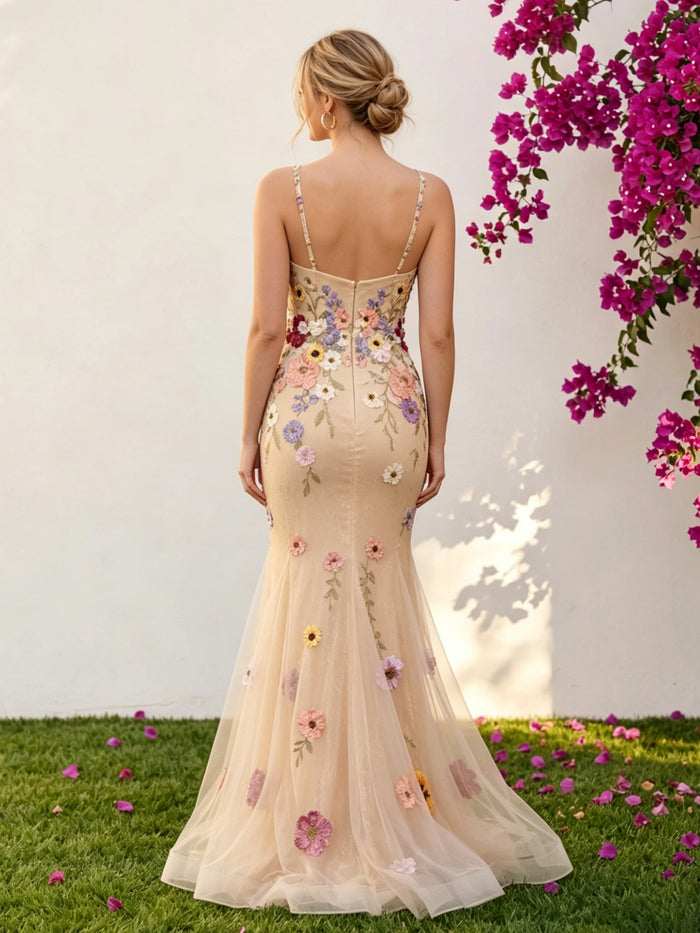 Tulle Mermaid Spaghetti Straps 3D Flowers Formal Dresses