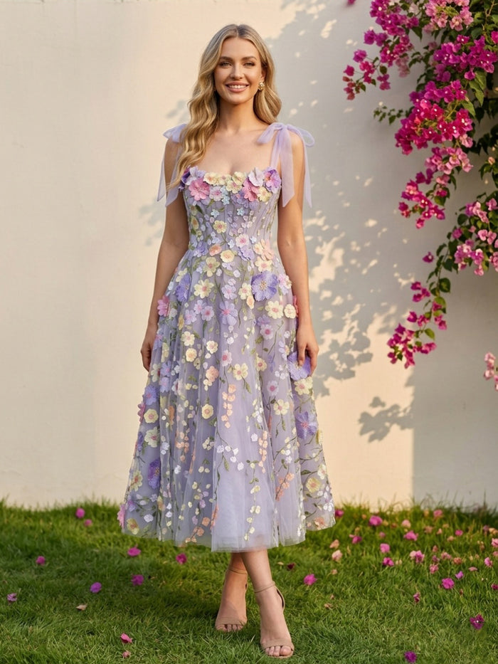 Tulle A-Line Square Neck 3D Flowers Formal Dresses
