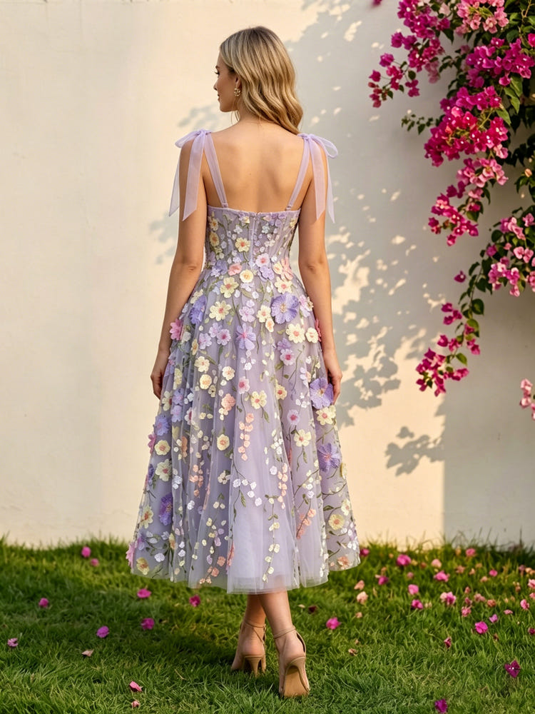 Tulle A-Line Square Neck 3D Flowers Formal Dresses