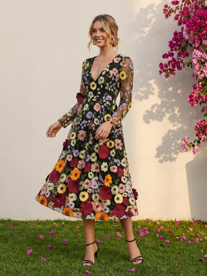 Tulle A-Line V Neck 3D Flowers Formal Dresses