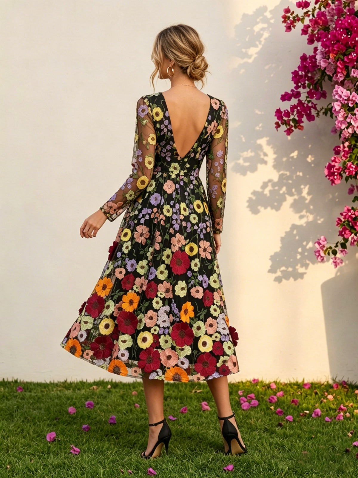 Tulle A-Line V Neck 3D Flowers Formal Dresses