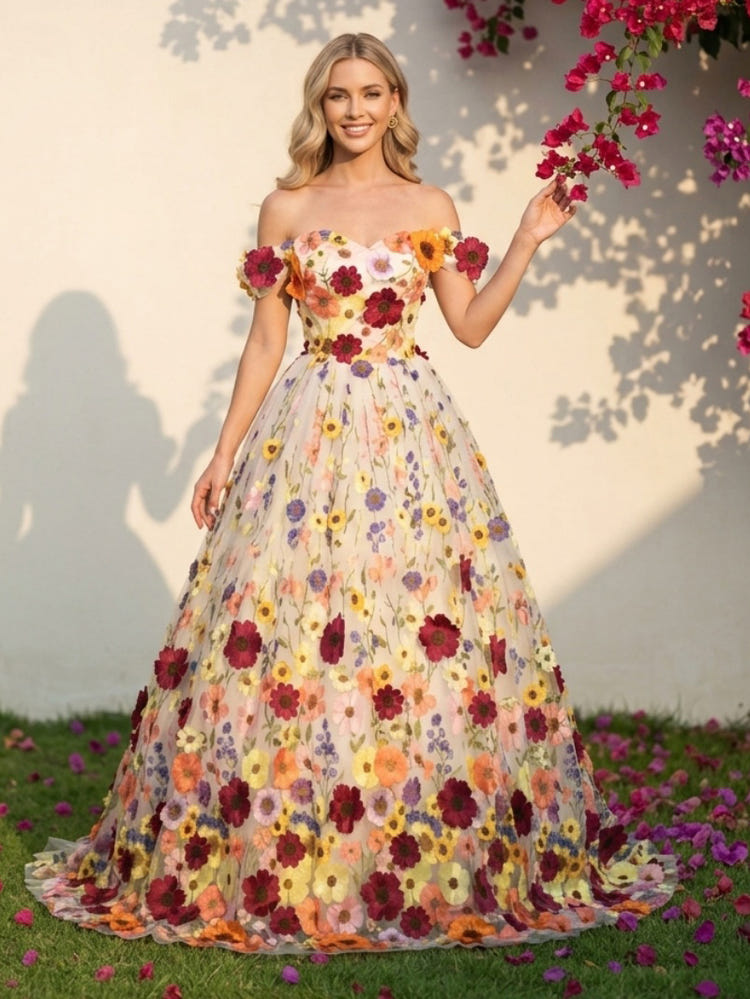 Tulle Ball Gown Off the Shoulder 3D Flowers Formal Dresses